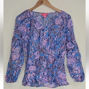 Lilly Pulitzer WINSLEY TOP Lapis Lazuli Horseshoes Bay Pink Blue Size XS Womens